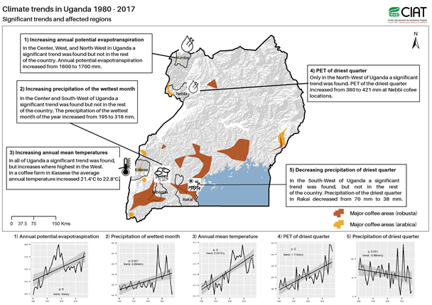 Observed climatic trends in Uganda between 1980 and 2017, affected regions and major coffee zones