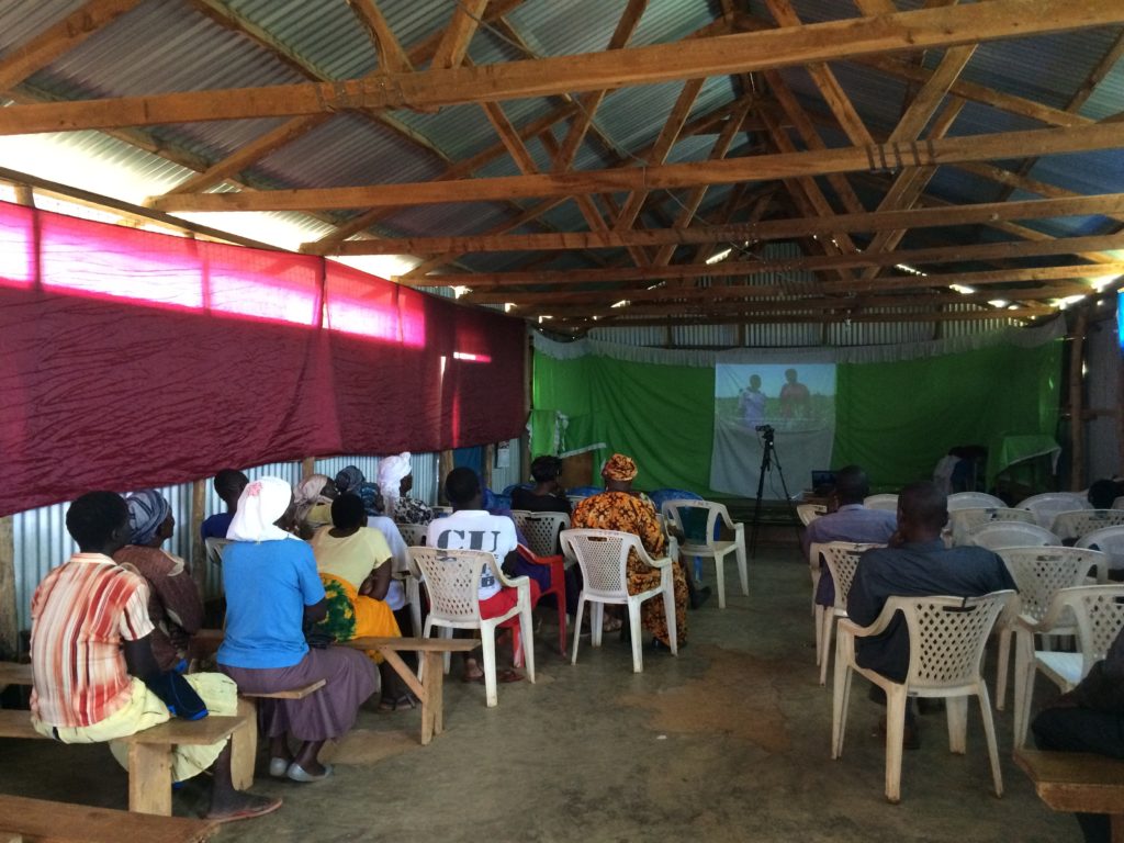 Community screening of farmer-made video during DVD distribution celebration and discussion.